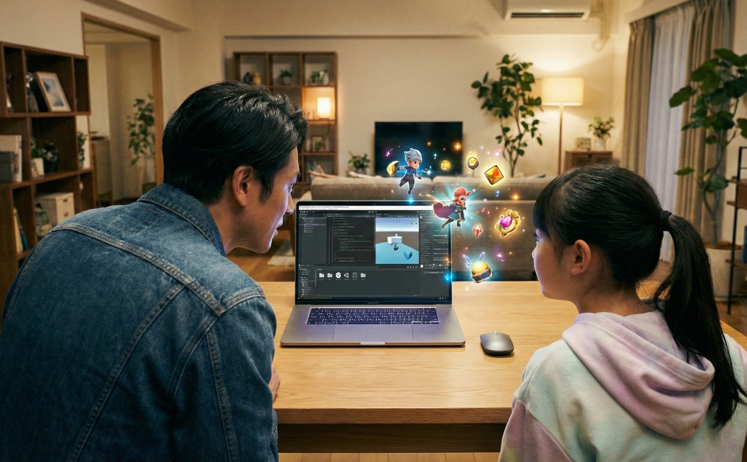 親子でゲーム開発を楽しむ様子